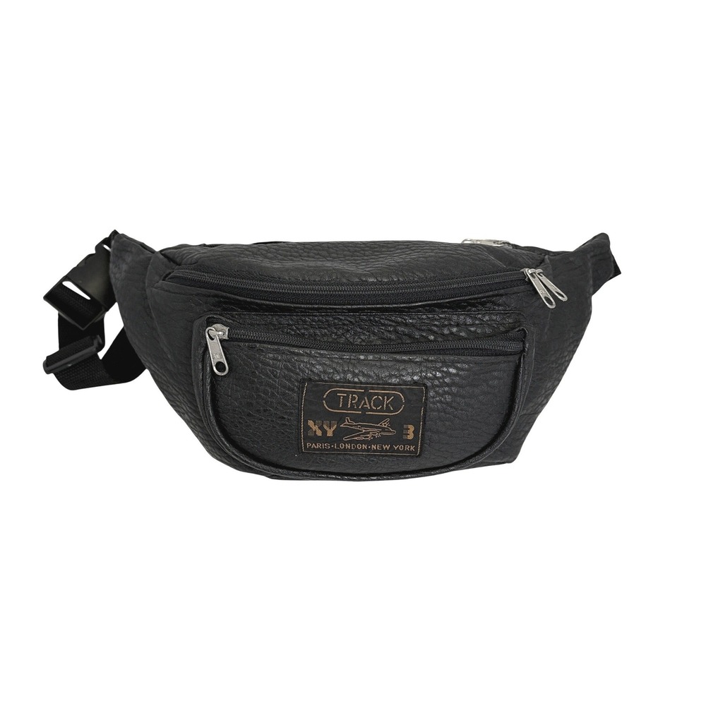 Track Fanny Pack Unisex OS Black Faux Leather Vintage Style Retro Travel Pouch